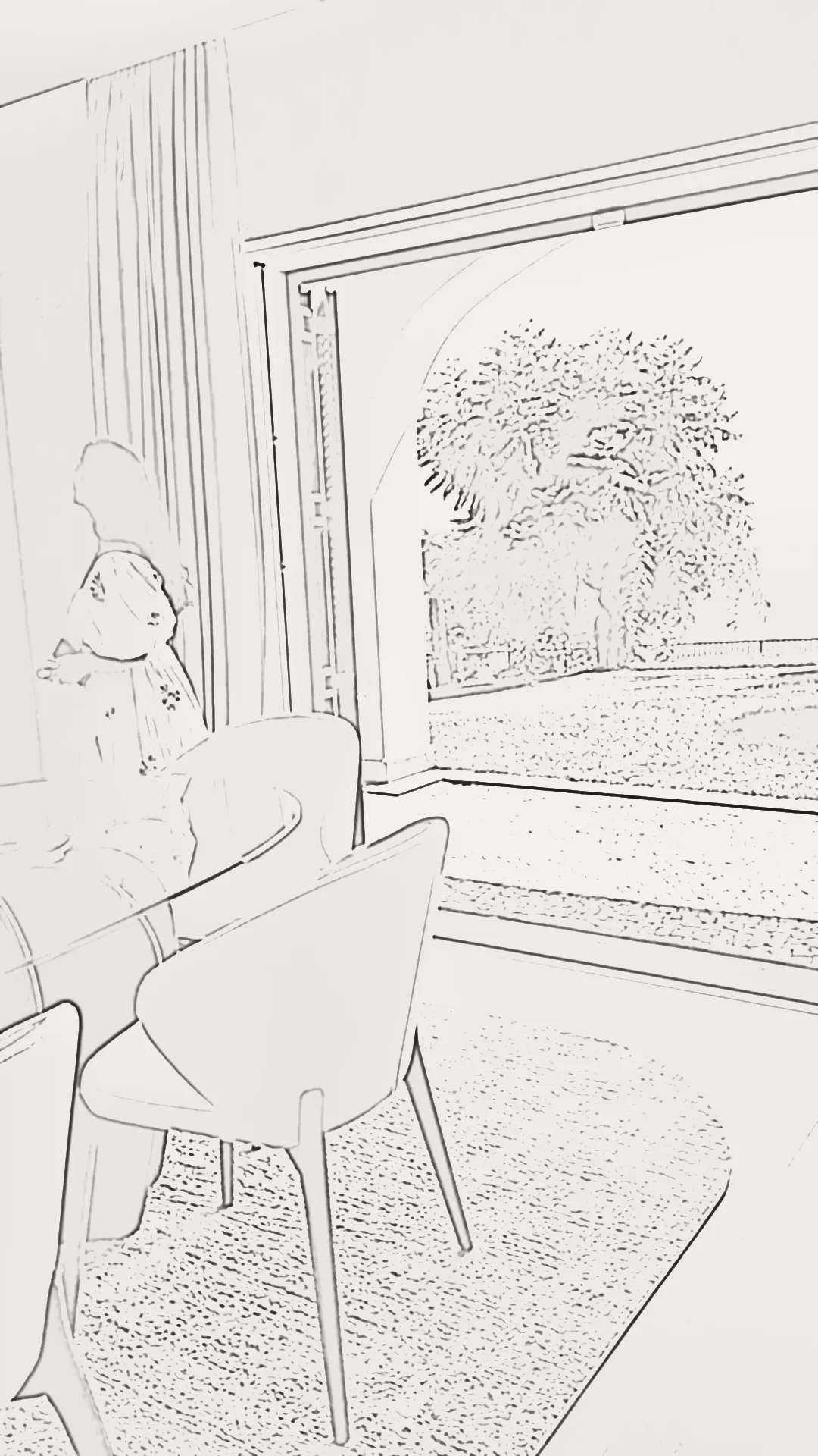 Desenho em linhas da mesma sala de jantar com arco